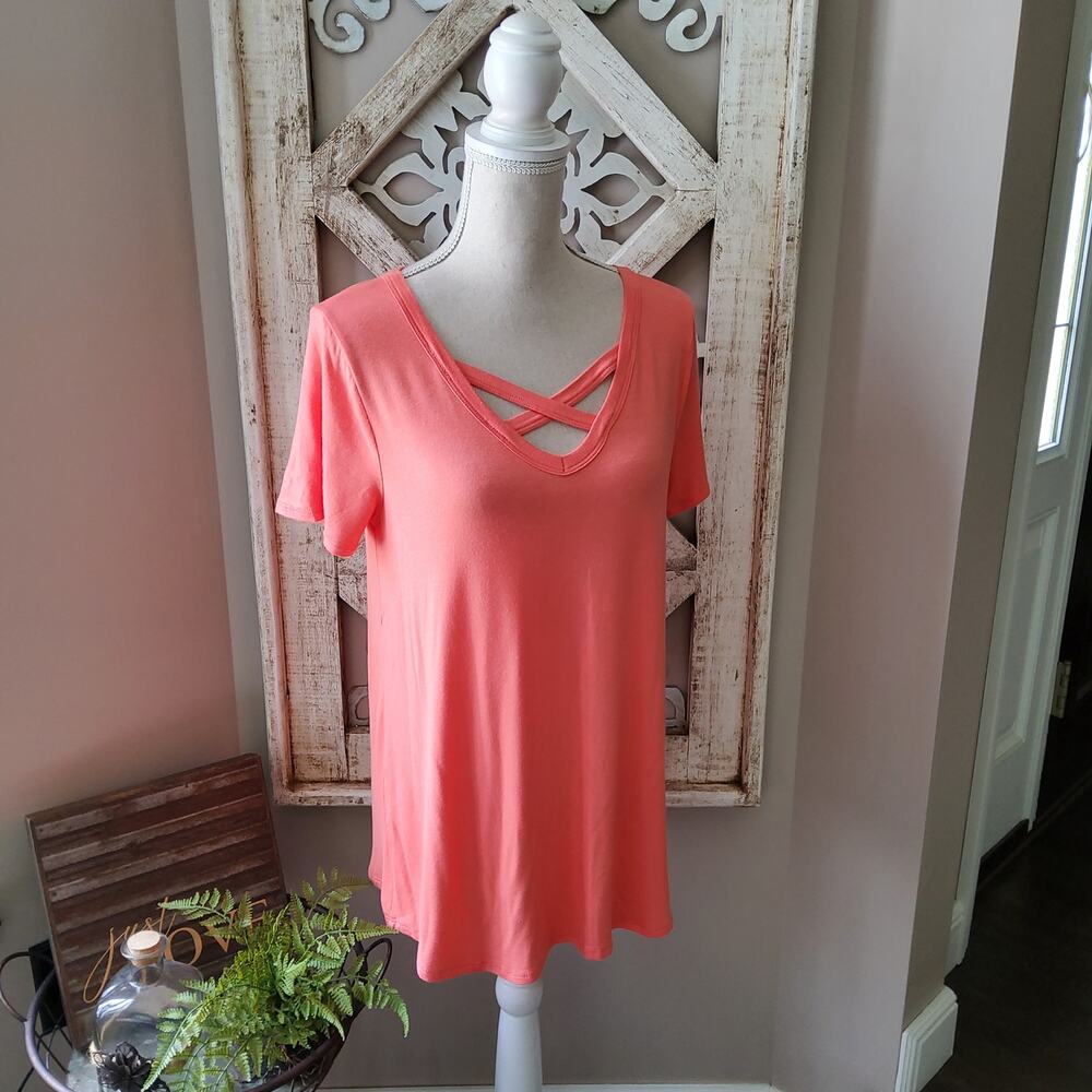 Women's Short Sleeve Relaxed Fit T-Shirt Tee Top with Criss Cross V-Neck Coral